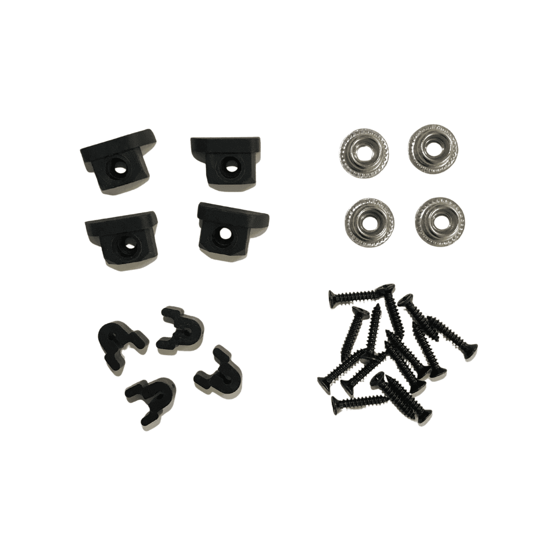 High-quality van fitting kit components including mounting brackets, wheels, screws, and hooks for Shore Vans conversions and custom builds.