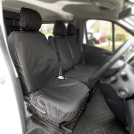 Lux-Ride Tailored Front Seat Covers For Vauxhall Vivaro 2014–2019 – Black Art Leather & Alicante, Airbag Compatible