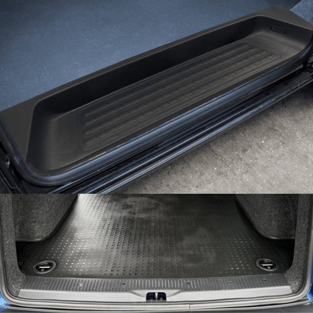 Black side step and threshold trim for a vehicle, designed for easy access and protection.