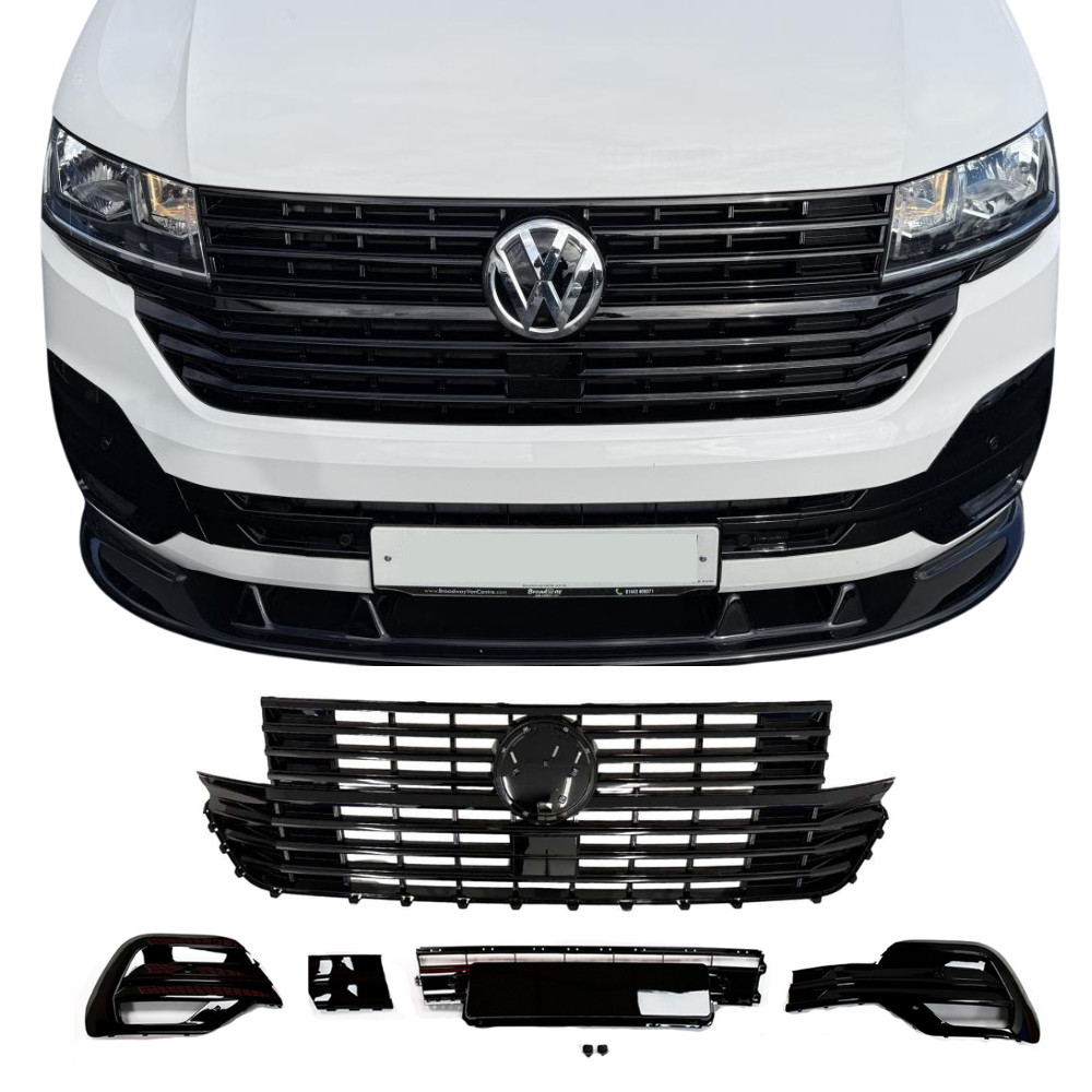 VW T6.1 Gloss Black Grille Bundle – Upper Badged Grille and Lower Inserts